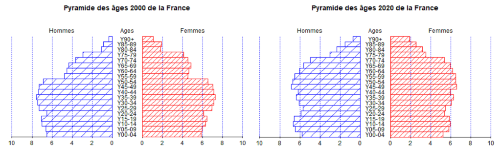 Pyramide des âges de la France en 2000 et 2020